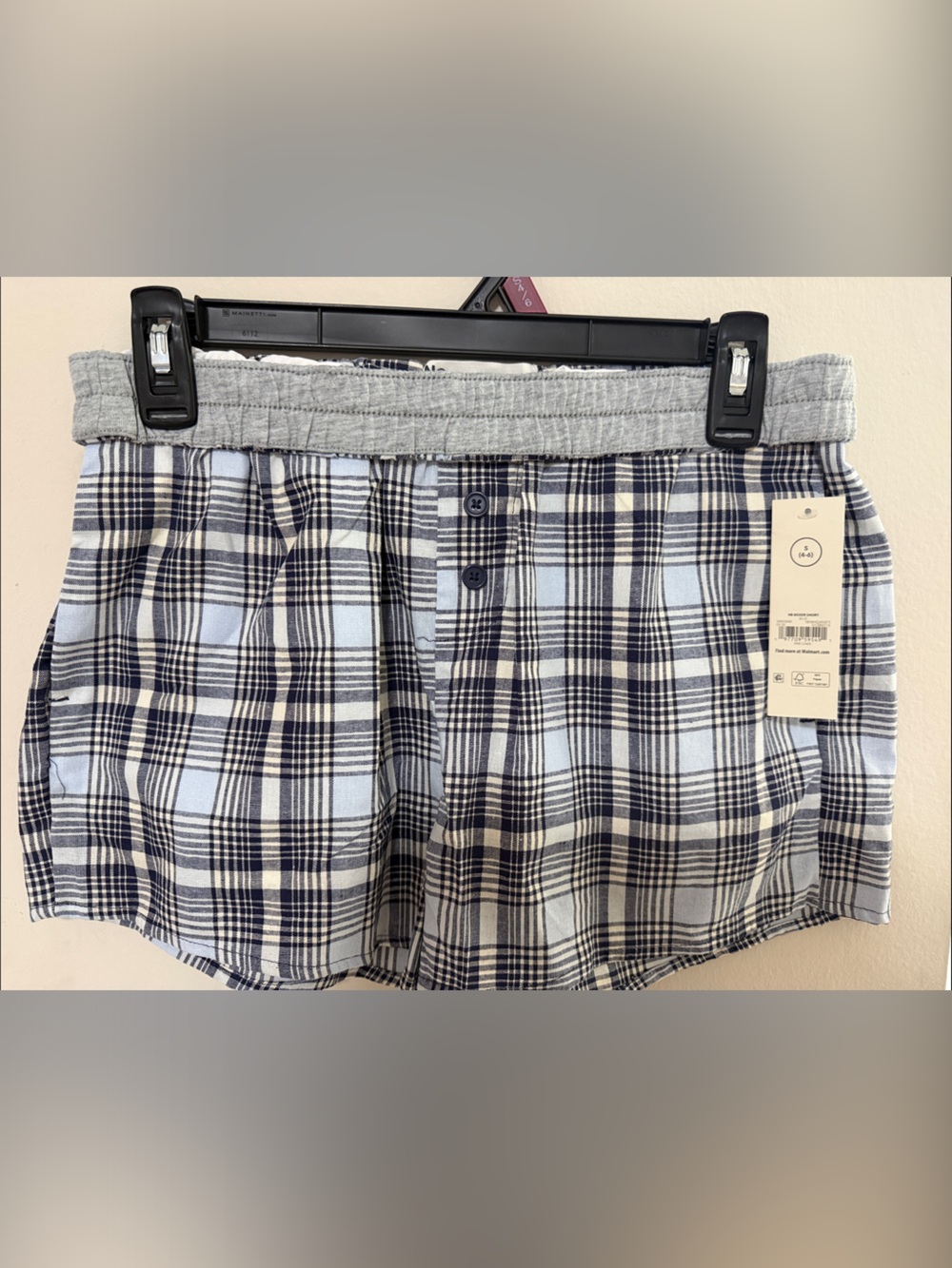 No Boundaries Women's Plaid Lounge Shorts - Navy and Light Blue